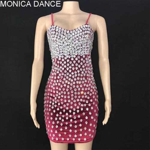 Women Silver Rhinestone Red Velvet Short Dress Birthday Wedding Celebrate Costume Prom Party Dancer Outfit Stones Strap Dress