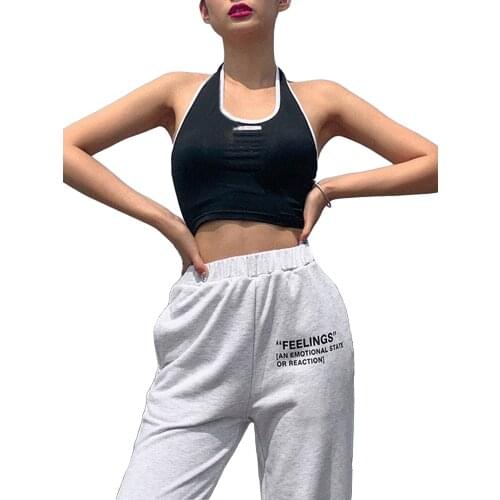 Womens summer neck and waist closed open back short vest, fashion and leisure letter label, U-neck exposed navel sling