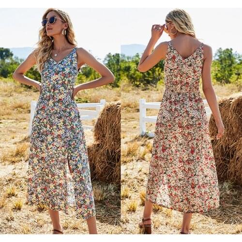 WYBLZ Spaghetti Strap Floral Dress Women 2021 Sexy Summer V Neck Sleeveless Casual Slim Long Beach Dress Female Split Vestidos