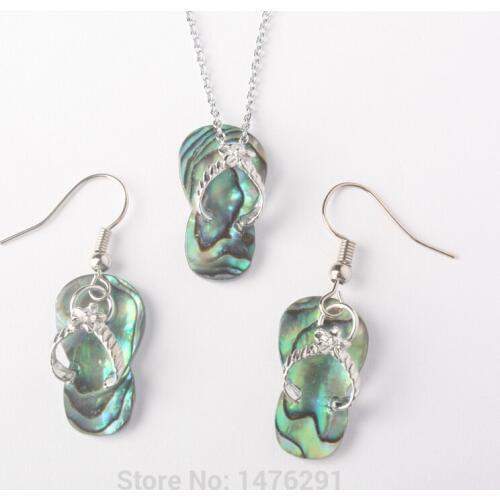Charm Natural Abalone Shell Slipper Shoe Bead Dangle Earrings & Pendant 1 Set