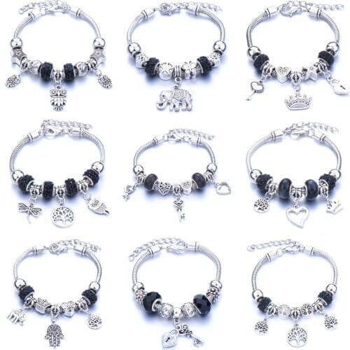 2021 latest black beaded adjustment bracelet zinc alloy inlaid zircon round beads owl diy jewelry female Pandora-style