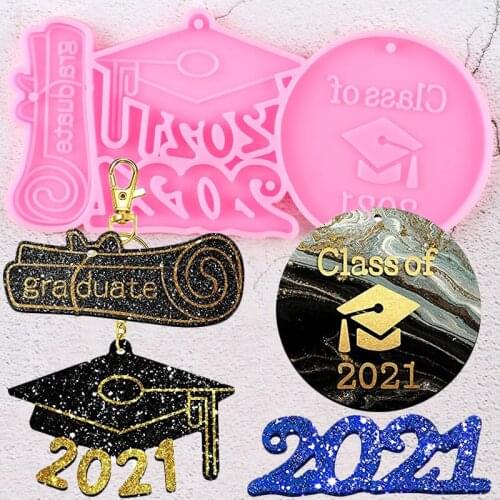 Shiny Class of 2021 Graduation Silicone Keychain Mold Bachelor Cap Hat Epoxy Resin Mould Necklace Jewelry Making Pendant Molds