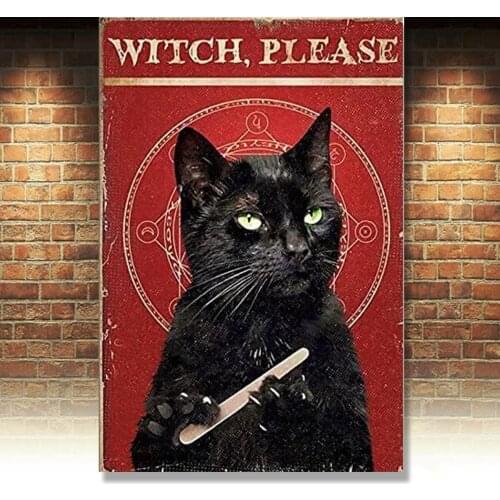 Black Cat Metal Tin Sign Witch, Please Retro Halloween Tin Sign for Home Hotel Bar Cafe Outdoor Wall Decoration 8x12