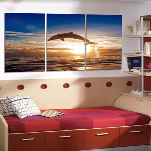 Dolphin Above Sea Sunset Landscape HD Canvas Art Wall Painting For Living Room Home Decor 3 Pieces