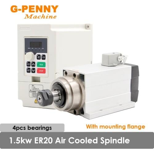 NEW Arrival 1.5KW ER20 Air Cooled Spindle Motor Square Spindle With mounting flange & 1.5kw FL Inverter 4 PCS Ball Bearings
