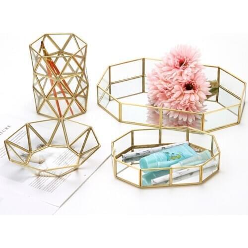 European Brass Metal Storage Box Cosmetic Storage Tray Model Home Glass Organizer Case Clear Home Shop Decoretion Gold