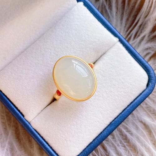 Natural Hetian Jade Ring S925 Sterling Silver White Jade Ring South Red Embellished Vintage Chinese Royal Court Style Classical