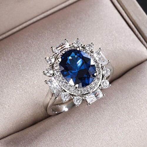 Vintage Sterling Silver 925 8*10mm Aquamarine Tanzanite Ring Lab Diamond Wedding Engagement Band Fine Jewelry Gift for Ladies