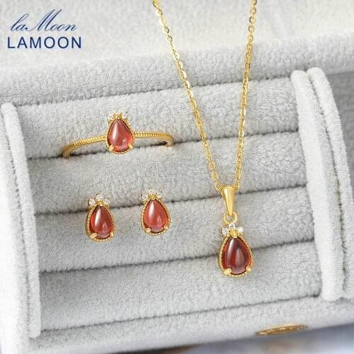 LAMOON 925 Silver Jewelry Set For Women Natural Waterdrop Garnet Gemstone 14K Gold Plated Jewellry Korean Fashion V080