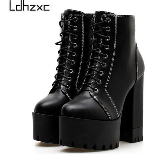 LDHZXC 2020 Fashion Cross Tied Women Ankle Boots High Heel winter Thick Heels Platform Boots Woman For Party Nightclub Promotion