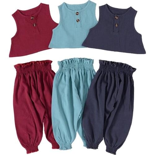 Summer Toddler Baby Girls Set Solid Color Cotton Vest + Ruffles Pants Suits for Kids 2pcs