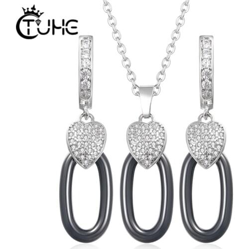 Geomitric Jewelry Sets For Women Accessory Heart Cubic Zircon Crystal Necklace Stud Earrings Set Anniversary Gift