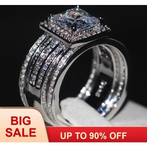 Luxury Men women Fashion ring Princess cut 3ct AAAAA zircon cz Silver color Couple Engagement Wedding Band Ring set