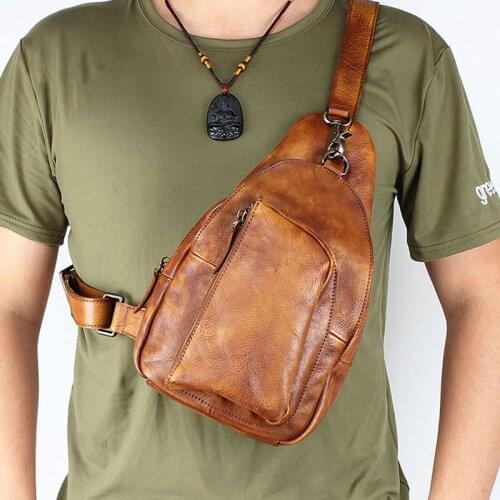 Retro top layer cowhide chest bag, leather shoulder bag, trendy mens casual messenger bag