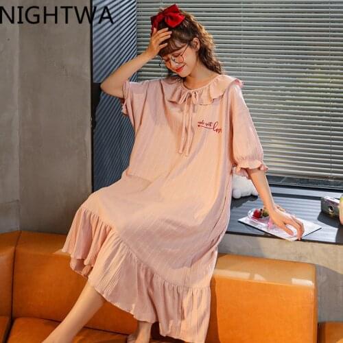 NIGHTWA Korean Pyjamas Women Summer Nightgowns Girls Princess Night Dress Cotton Nightdress Short Sleeves Plus Size Home Clothes