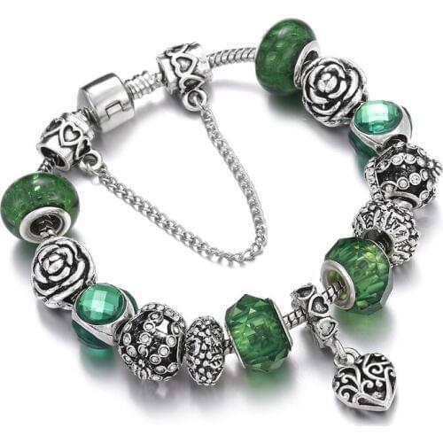 New Charm Green Crystal Tree of Life Beads Bracelets&Bangles Snake Chain Snap Button Women DIY Fit Bracelet Femme Jewelry