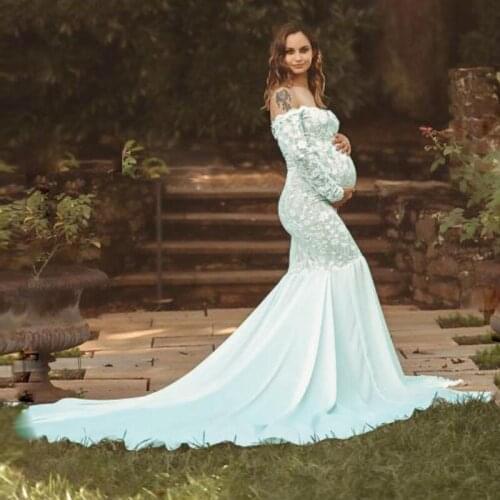 Maternity Tailing Dress V-Neck Long Sleeves Lace Chiffon Maxi Gown Pregnant Women Fancy Photo Shoot Photography Props Clothes