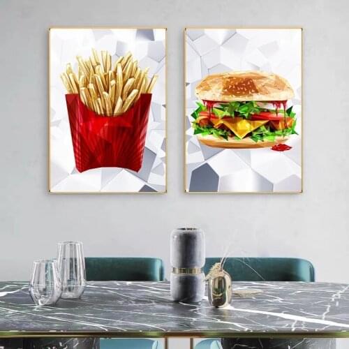 Modern French Fries and Hamburger Posters and Prints Canvas Paintings Wall Art Pictures Restaurant Kitchen Fast Food Shop Decor