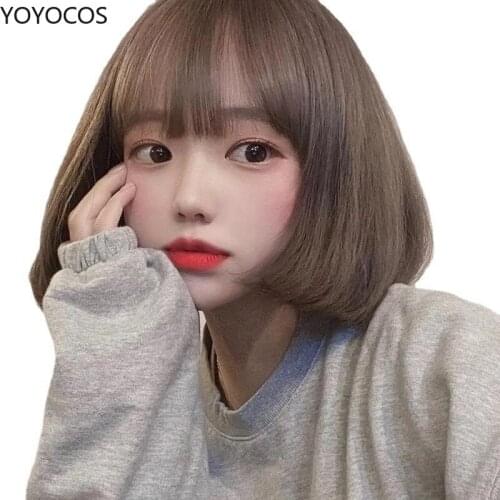 YOYOCOS Short Bobo Wig Brown Black Gray Synthetic Heat Resistant Wigs with Bangs Cosplay Natural Daily Hair for Women Halloween