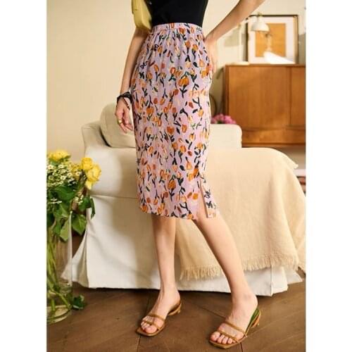 Women Skirt Summer French Tulip Print Rayon Elastic Waist Side Slit Straight Skirt with Slim Waist and Hip Half Skirt