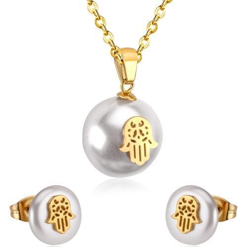 LUXUKISSKIDS Hand Fake Pearl Wedding Dubai Jewelry sets Stainless Steel Women Small Stud Earring Necklace Jewelry sets