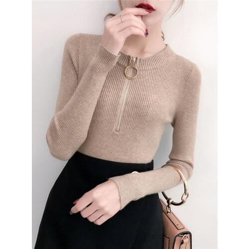 Zipper Half Sexy O-neck Sweater Women Solid Slim Autumn Winter Clothes 2020 Sueter Mujer Basic Fashion Pullovers warm soft tops