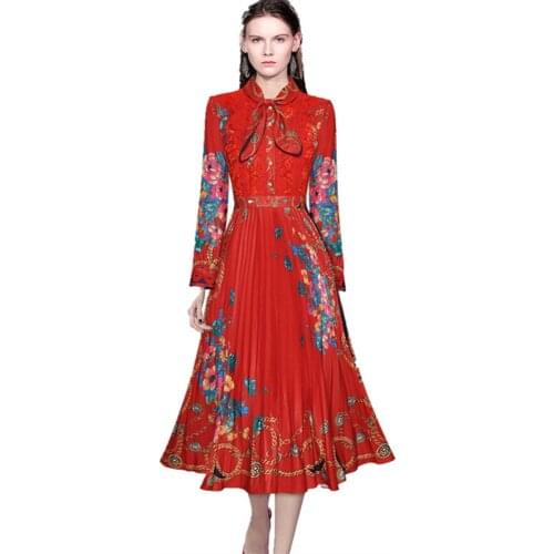 Fashion Designer Single Breasted Women Pleated Dress Autumn Bow Collar Long Sleeve Flower Print Lace Trims Elegant Midi Vestidos