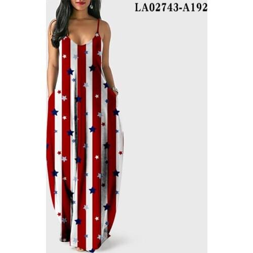 Independence Day Digital Variety Printing Summer Spaghetti Strap Ladies Maxi Dress Casual Loose Large Size Women Long Dresses