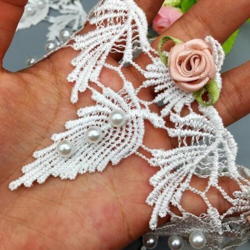 10x Pearl Rose Flowers Lace Trim Leaves Designer Embroidered Ribbon Fabric DIY Sewing Supplies Bridal Wedding Dress Decoration