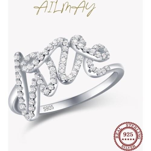Ailmay Fashion 925 Sterling Silver Clear Zircon Romantic LOVE Finger Ring For Women Wedding Statement Fine Silver Jewelry