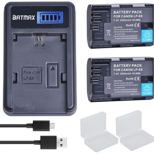 Batmax 2PCS 2650mAh LP E6 LPE6 LP-E6 Batteria + LCD USB Charger for Canon 5D Mark II III and IV 70D 5Ds 6D 5Ds 80D 7D 60D 5Ds