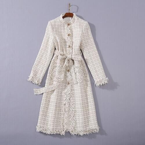 European and American womens wear 2020 winter new style Long - sleeved elegant buttons lace-up single breasted tweed coat