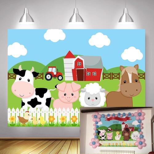 Farm Barnyard Birthday Backdrop Cartoon Red Barn Animals Party Background for Children Green Grass Fence Birthday Party Banner