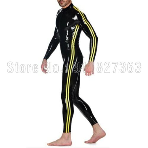 100% Latex Catsuit with Yellow Stripe for Men Handmade Rubber Bodysuit Jumpsuit w Back Crotch zipper Customized