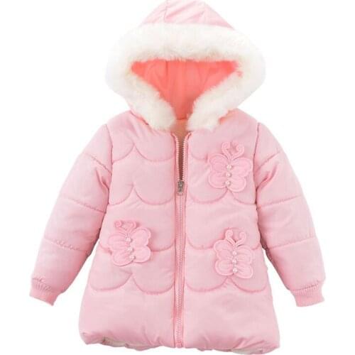 Childrens New Winter Warm Jacket Thickened Plus Velvet Butterfly Decoration Hooded Cotton Jacket 1-3 Years Old