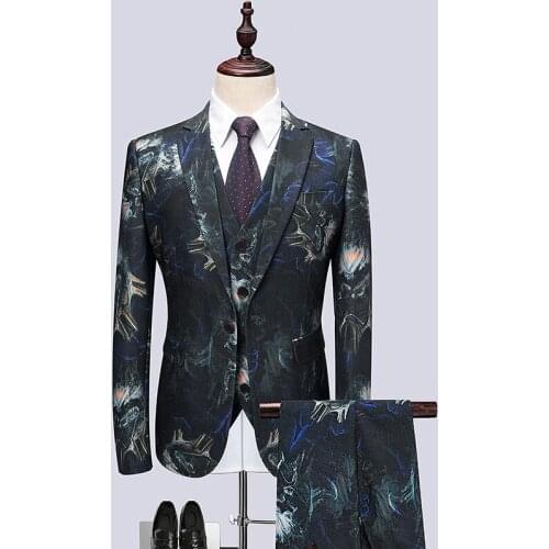 Suits Jacket+Pants+Vest 2021 Wedding For Men Blue Red Dress Fashion Printed Groom Tuxedo Italian Suit Plus Size M-6XL