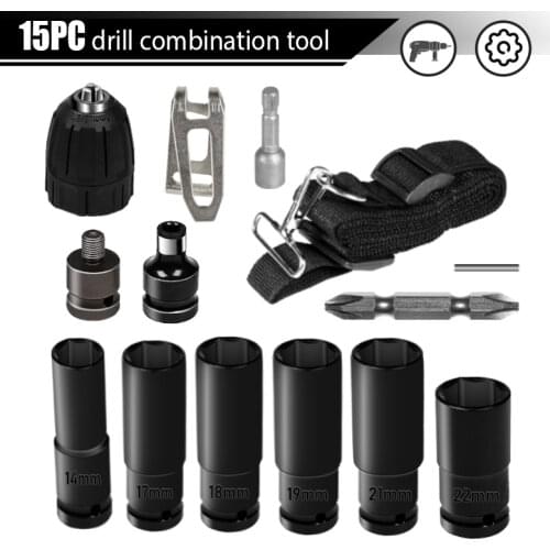 15pcs Electric Impact Wrench Hexs Socket Head Set Kit Drill Chuck Drive Adapter Set for Electric Drill Wrench Screwdrivers