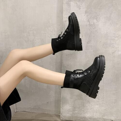 2020 new spring and autumn versatile lace-up Martin boots fashion motorcycle boots knitted patchwork female boots X520