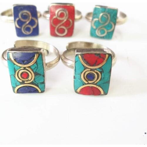 R251 Mix Wholesale Nepal Vintage Lovely Square Stamp Rings 5pcs lot Adjustable