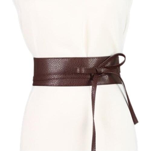 2021 New Women Fashion Solid Color Soft Faux Leather Wide Long Belt Self Tie Wrap Around Waist Girdle Dress Belts Bow Waistband