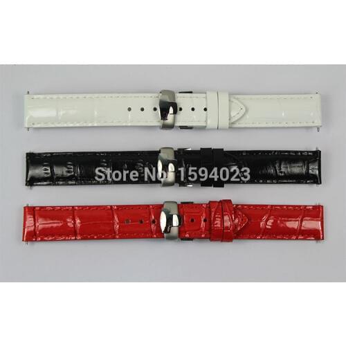 16mm (Buckle16mm) T050217A High Quality Silver Butterfly Buckle + Black White Red Genuine Leather Watch Bands Strap