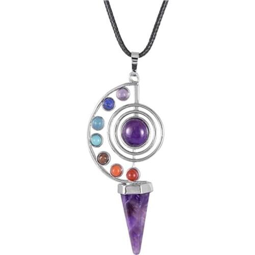 Silver Plated Spiral with Many Colors Small Beads Hexagon Pyramid Pendant Healing Chakra Necklace Amethysts Jewelry
