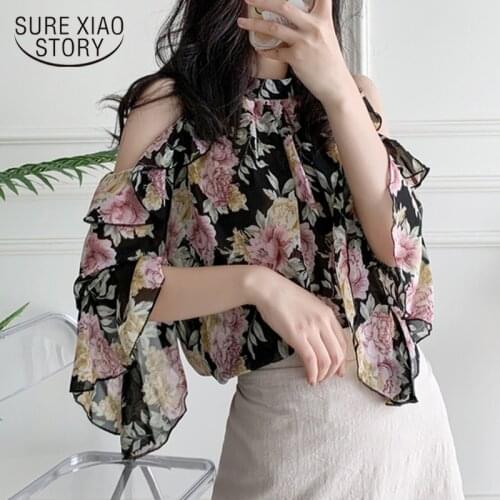 Spring Summer New Short Sleeve OL Chiffon Shirt Women Off-Shoulder Pullover Floral Loose Blouse Women Blusas Mujer De Moda 14370
