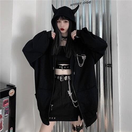 Deeptown Emo Zip Up Hoodie Women Harajuku Punk Gothic Sweatshirt Black Devil Horn Zipper Coat Oversized Streetwear Alt Clothes