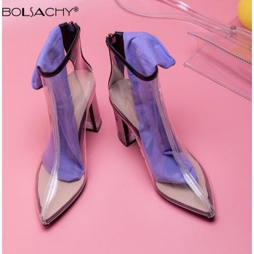 High Quality Sexy Transparent heel Clear PVC Women Ankle Boots Pointed toe High Heels Spring/Autumn Ladies Zip Boots size 33-42