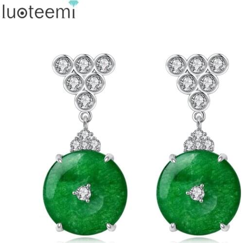 LUOTEEMI Round Drop Earrings for Women Fashion Retro Cubic Zircon Emerald Green Jewelry Christmas Dating Gift