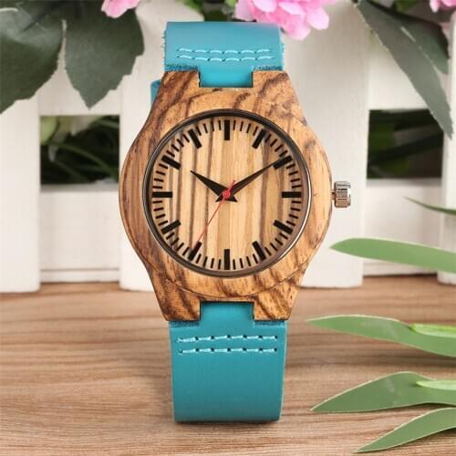 Zebrawood Watch Case Ladies Quartz Wristwatch Fashion Blue Genuine Leather Watch Band Womens Red Seconds Dial Wooden Timepiece