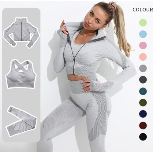 2/3PCS Seamless Women Yoga Set Long Sleeve Crop Top High Waist Leggings Workout Sportswear Gym Clothing Fitness Bra Suits
