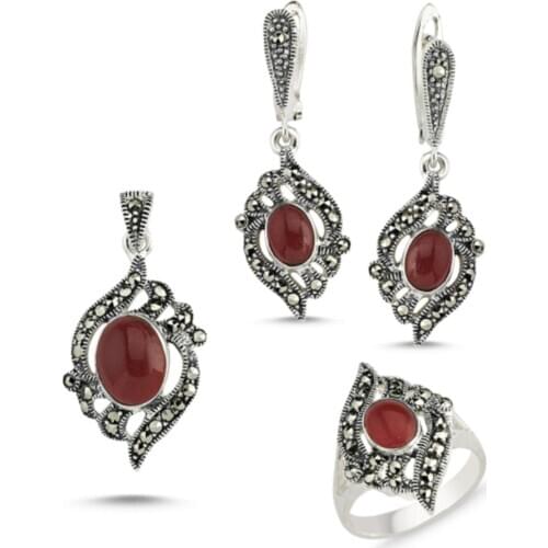 Kadın Gümüş 925 Ayar Markazit Taşlı Kolye Ucu, Küpe & Yüzük Set