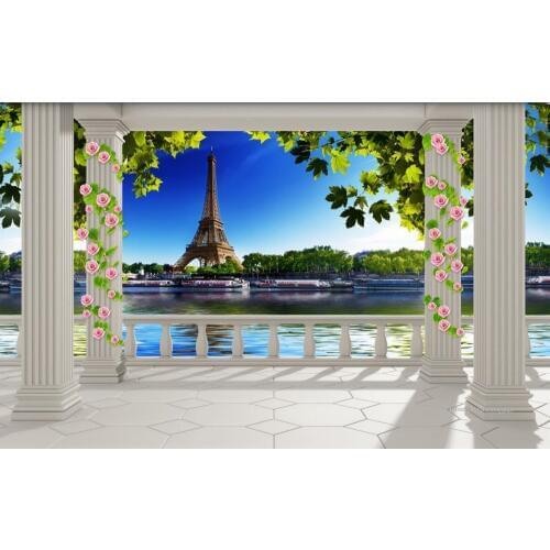 3D TV backdrop balcony beautiful landscape Tower 3d stereoscopic wallpaper Home Decoration